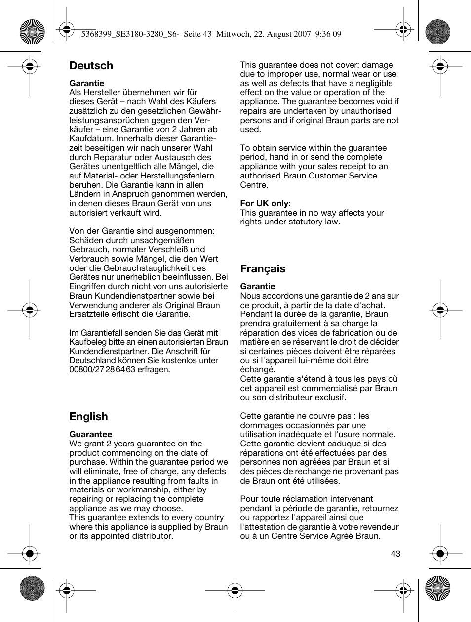 Deutsch, English, Français | Braun 3170 Silk-épil SoftPerfection User Manual | Page 42 / 51