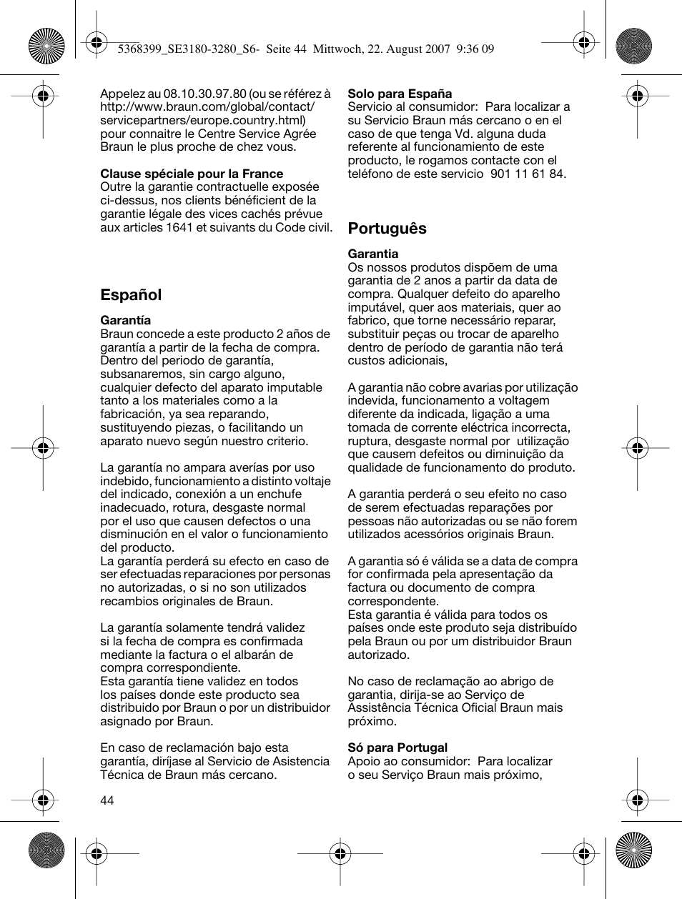 Español, Português | Braun 3170 Silk-épil SoftPerfection User Manual | Page 43 / 51