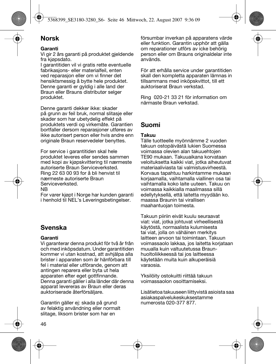 Norsk, Svenska, Suomi | Braun 3170 Silk-épil SoftPerfection User Manual | Page 45 / 51