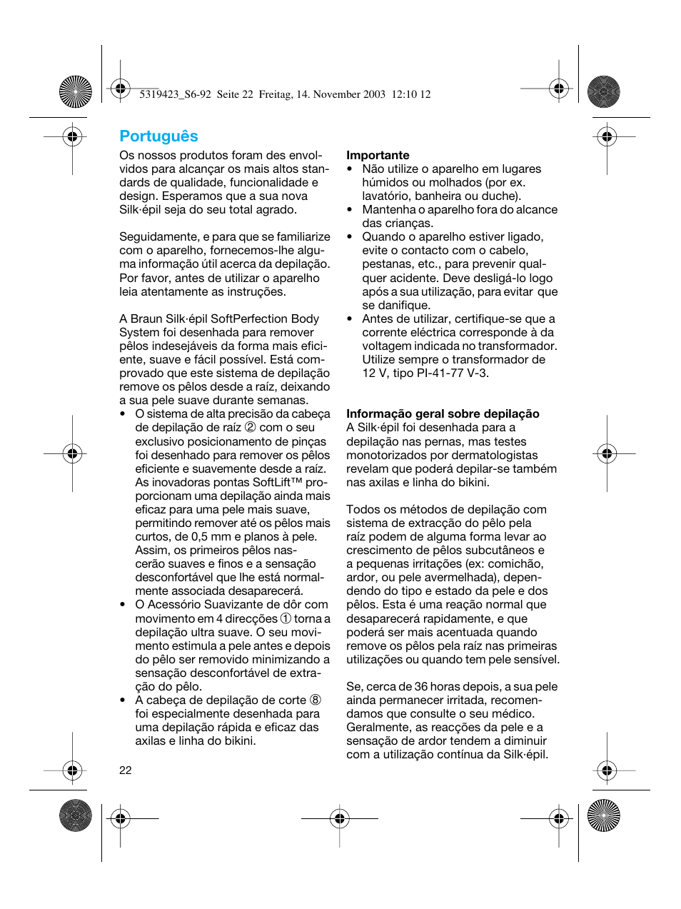 Português | Braun 3390 Silk-épil SoftPerfection User Manual | Page 22 / 89