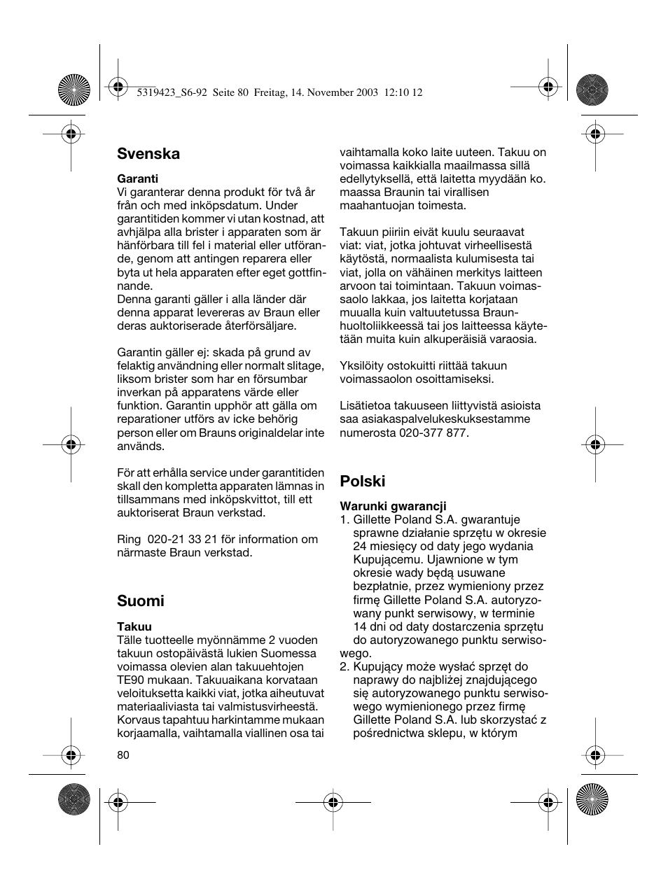 Svenska, Suomi, Polski | Braun 3390 Silk-épil SoftPerfection User Manual | Page 80 / 89