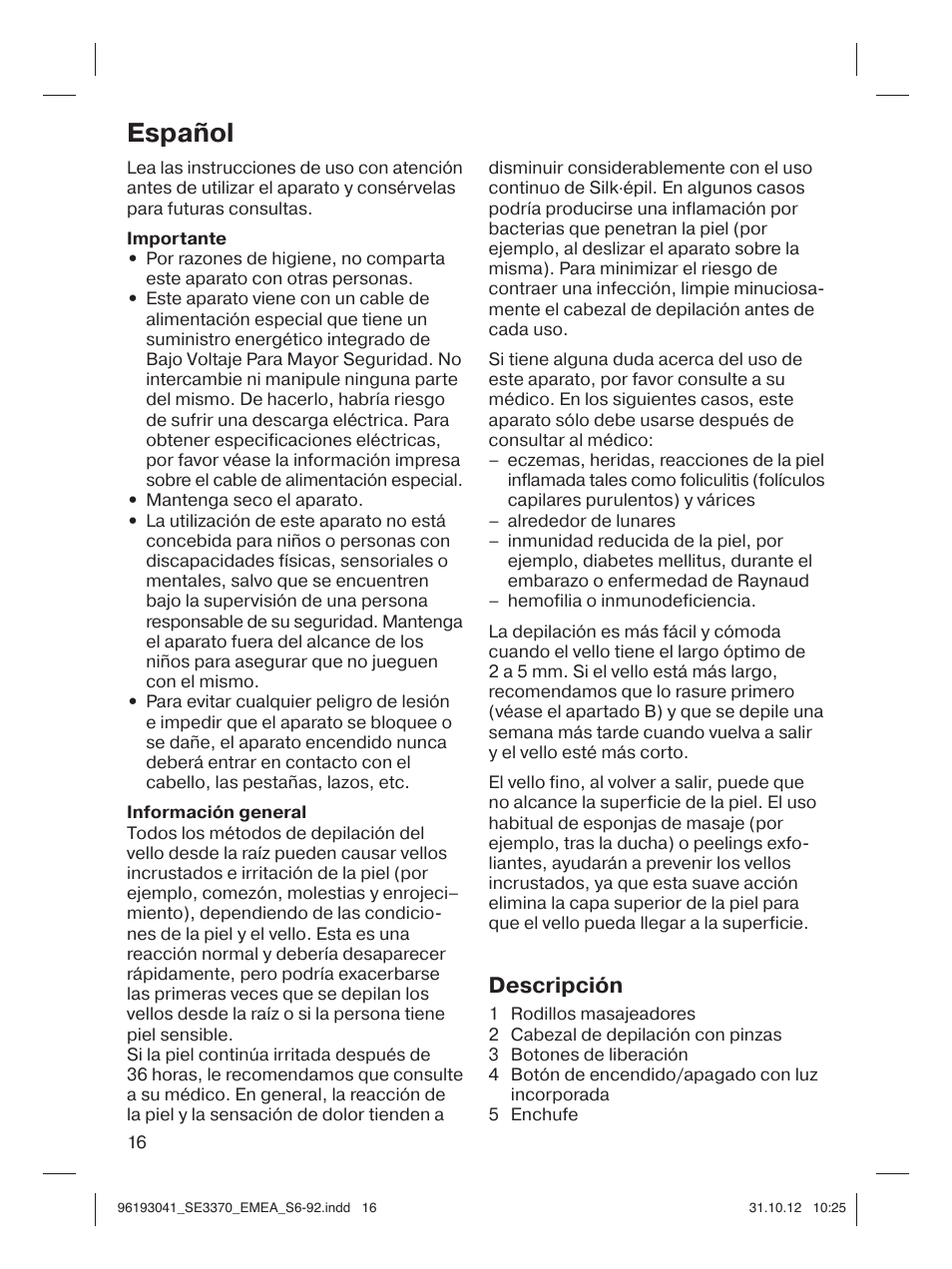 Español, Descripción | Braun 3170 Silk-épil 3 User Manual | Page 15 / 90