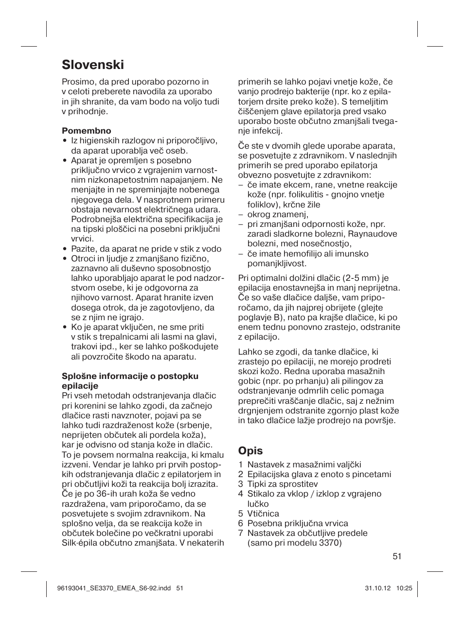 Slovenski, Opis | Braun 3170 Silk-épil 3 User Manual | Page 50 / 90