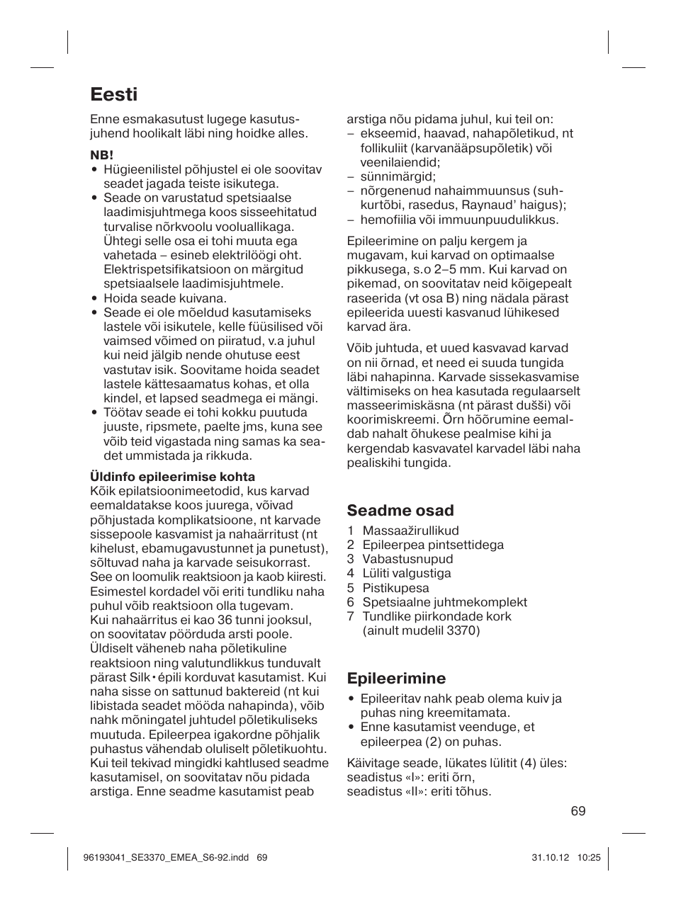 Eesti, Seadme osad, Epileerimine | Braun 3170 Silk-épil 3 User Manual | Page 68 / 90