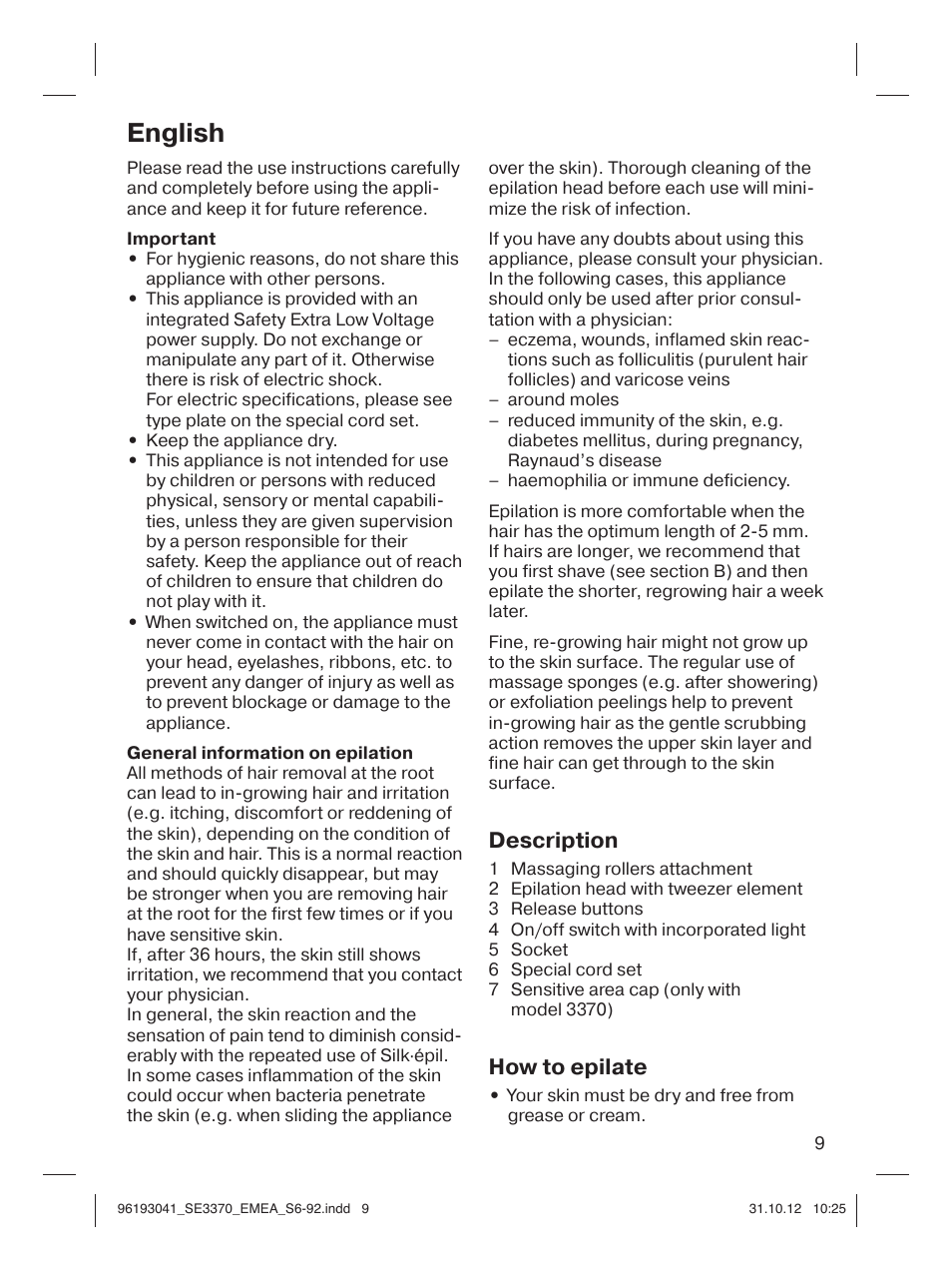 English, Description, How to epilate | Braun 3170 Silk-épil 3 User Manual | Page 8 / 90