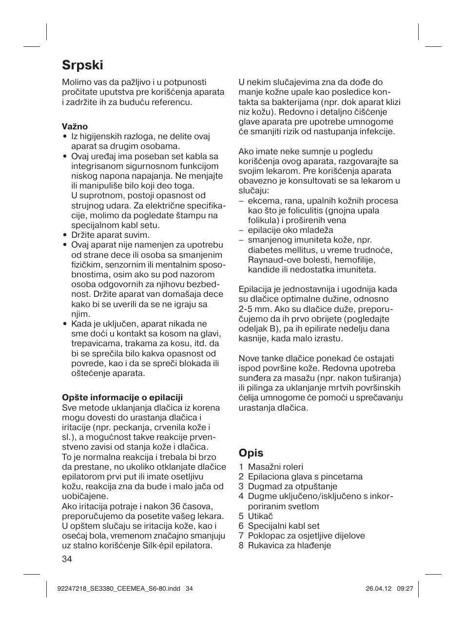 Srpski, Opis | Braun 3380-5320 Silk-épil 3 User Manual | Page 33 / 76