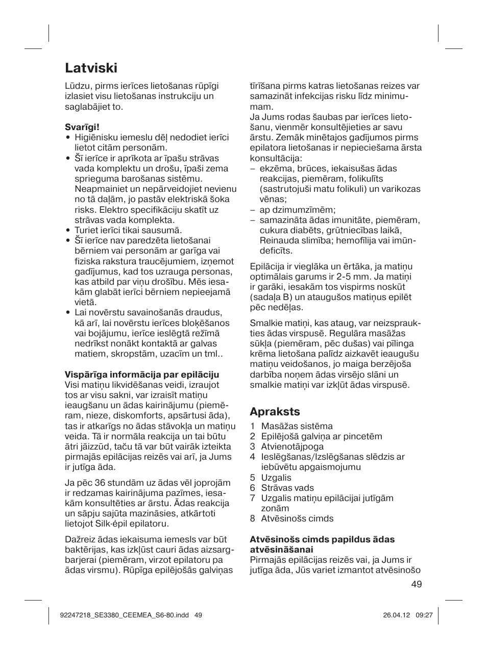 Latviski, Apraksts | Braun 3380-5320 Silk-épil 3 User Manual | Page 48 / 76