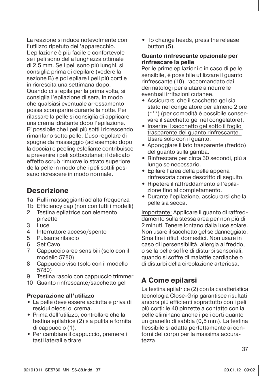 Descrizione, A come epilarsi | Braun 5780 Silk-épil 5 User Manual | Page 37 / 86