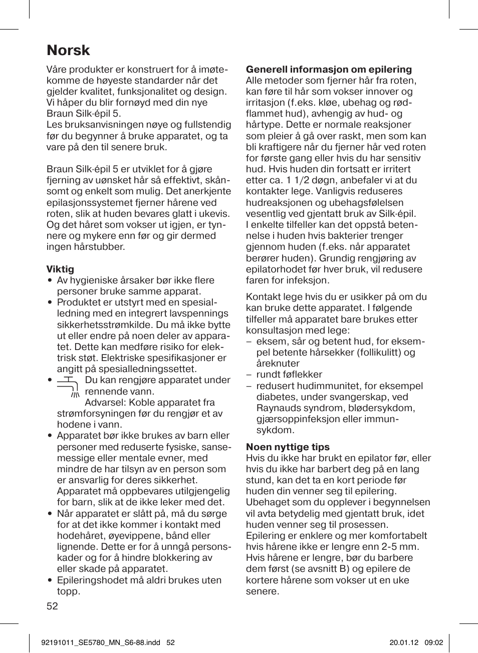 Norsk | Braun 5780 Silk-épil 5 User Manual | Page 52 / 86