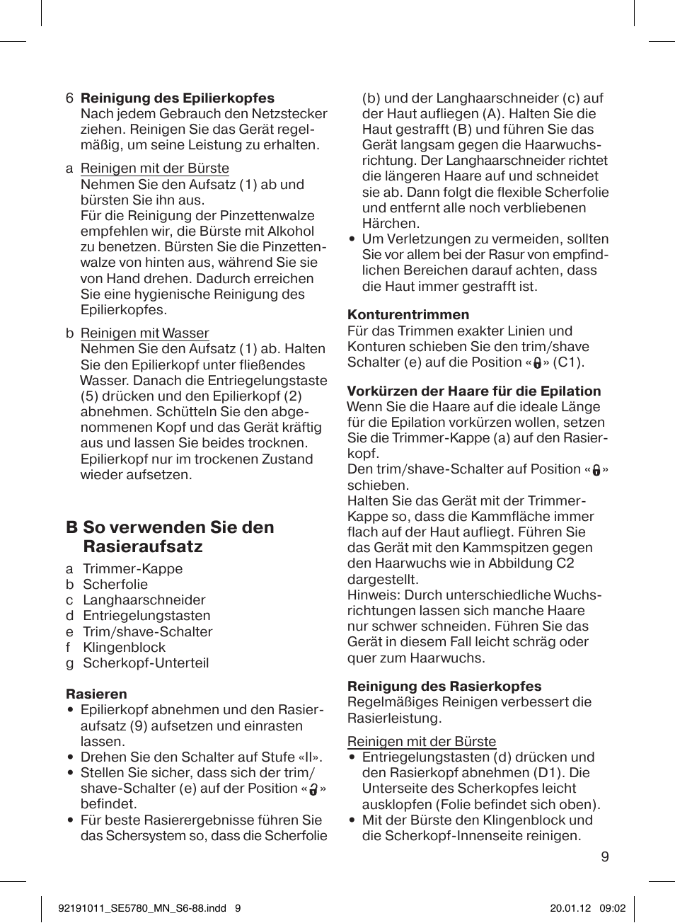 B so verwenden sie den rasieraufsatz | Braun 5780 Silk-épil 5 User Manual | Page 9 / 86