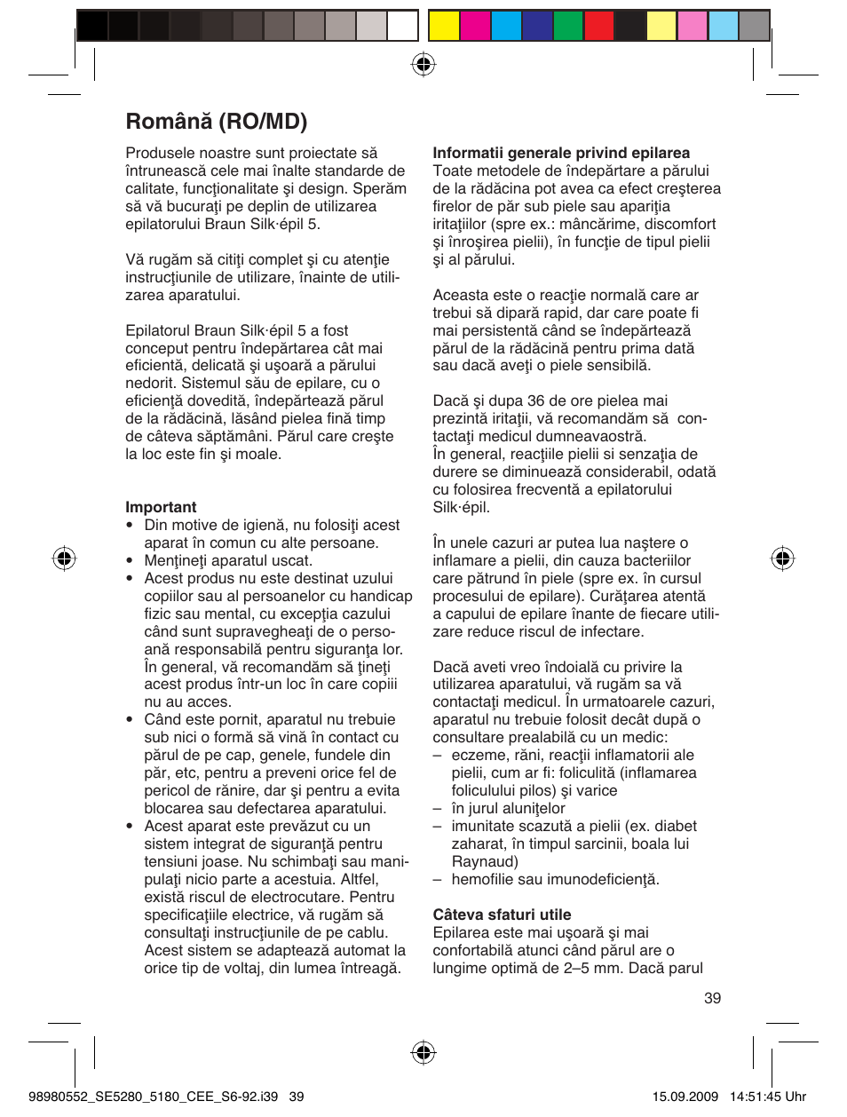 Română (ro/md) | Braun 5180 Silk-épil 5  RU User Manual | Page 38 / 89