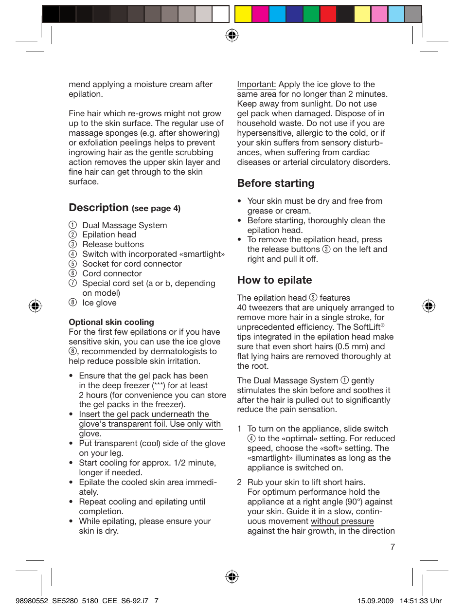 Description, Before starting, How to epilate | Braun 5180 Silk-épil 5  RU User Manual | Page 6 / 89