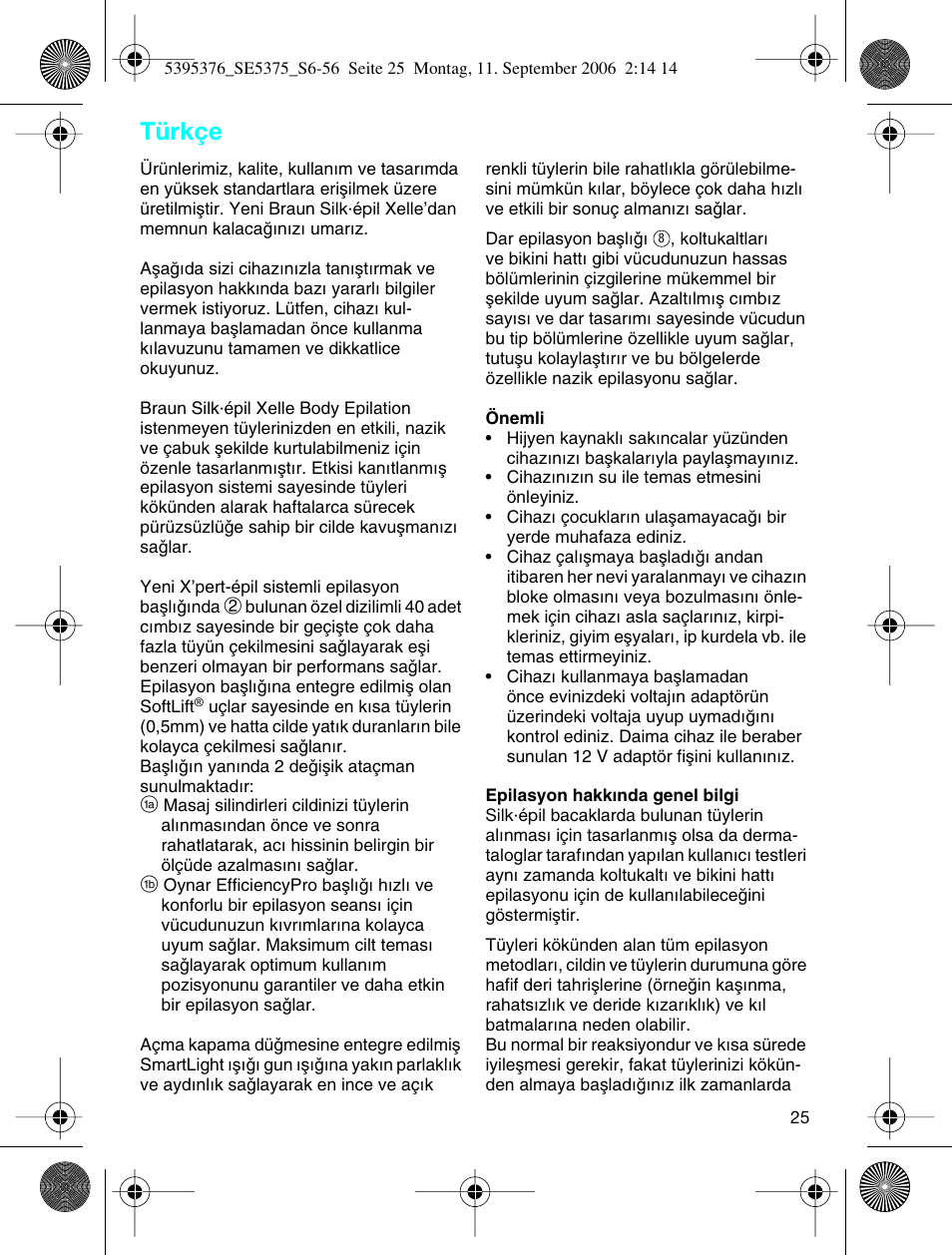 Türkçe | Braun 5375 Silk-épil Xelle User Manual | Page 24 / 55