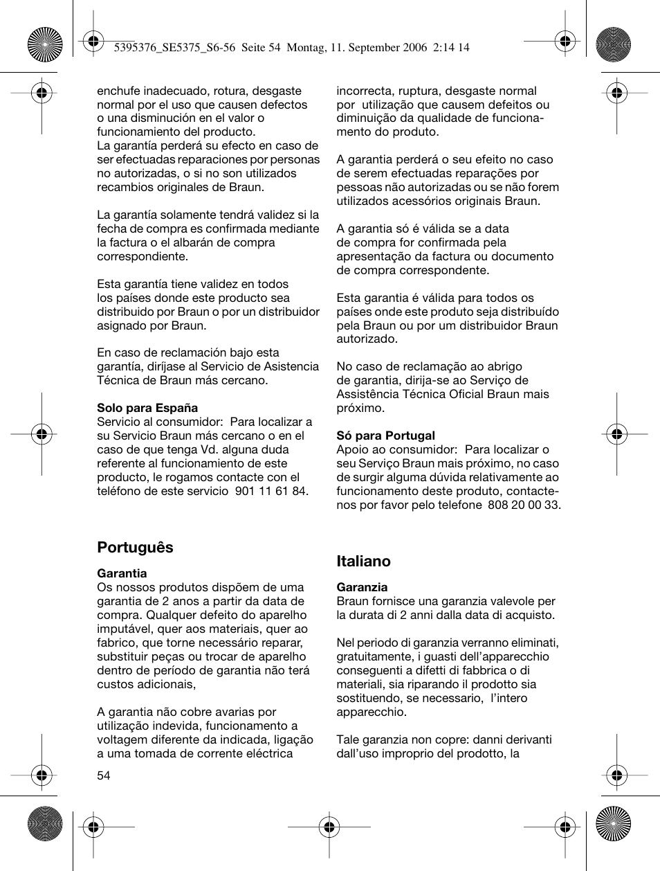 Português, Italiano | Braun 5375 Silk-épil Xelle User Manual | Page 53 / 55