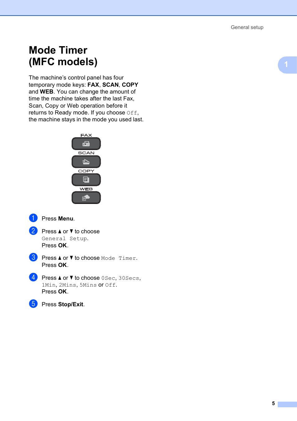 Mode timer (mfc models) | Brother MFC-J470DW User Manual | Page 11 / 57