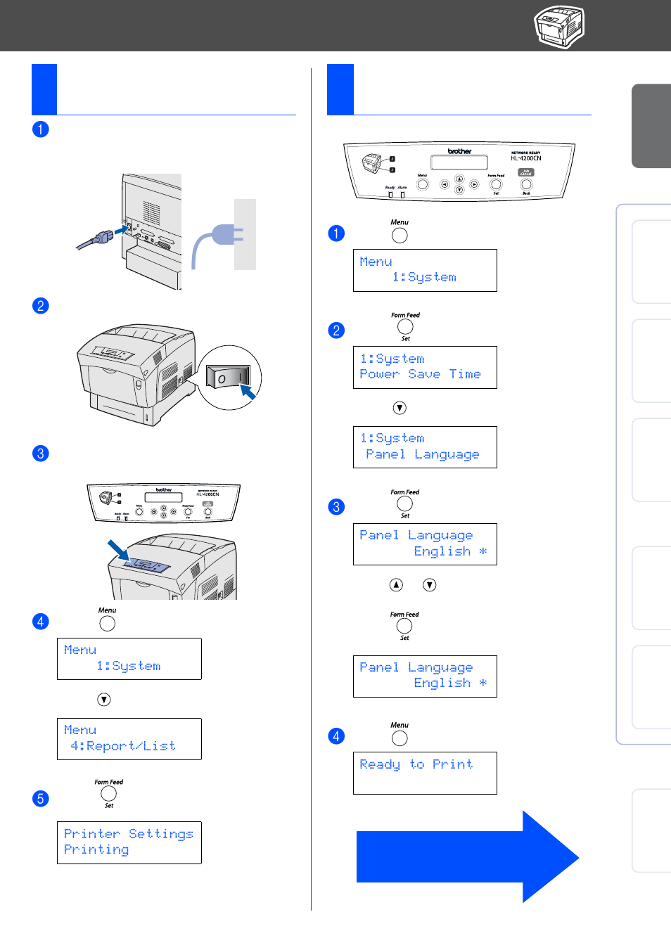 Setting your language on the control panel, 4print a printer settings page, 5setting your language on the control panel | Brother HL-4200CN User Manual | Page 16 / 41