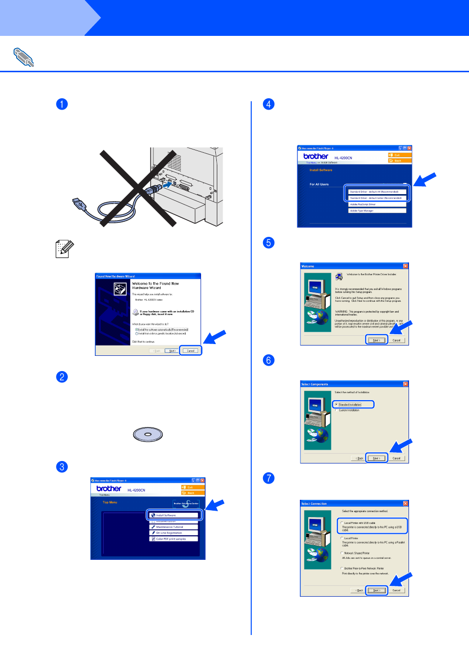 For usb interface cable users, Ca nc el, Step 2 | Installing the driver | Brother HL-4200CN User Manual | Page 18 / 41