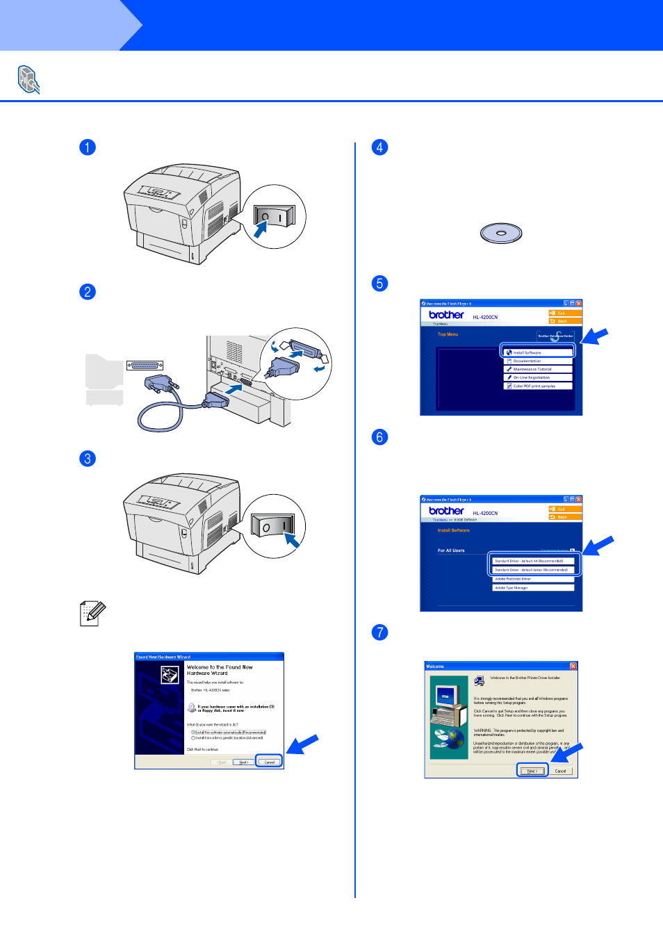 For parallel interface cable users, Parallel, Ca nc el | Step 2, Installing the driver | Brother HL-4200CN User Manual | Page 20 / 41
