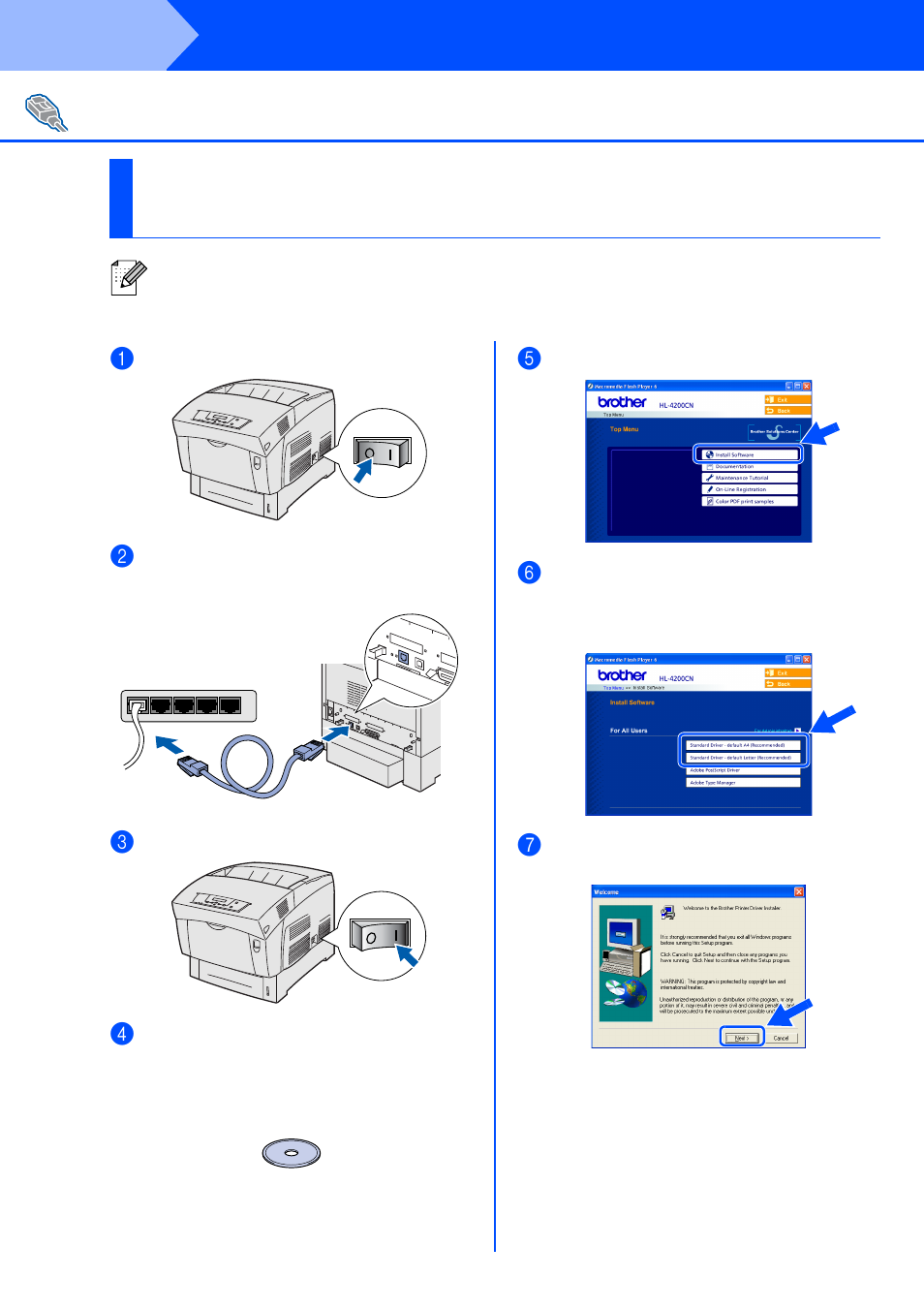 For network interface cable users, Peer-to, Peer (lpr) | Step 2, Installing the driver | Brother HL-4200CN User Manual | Page 22 / 41