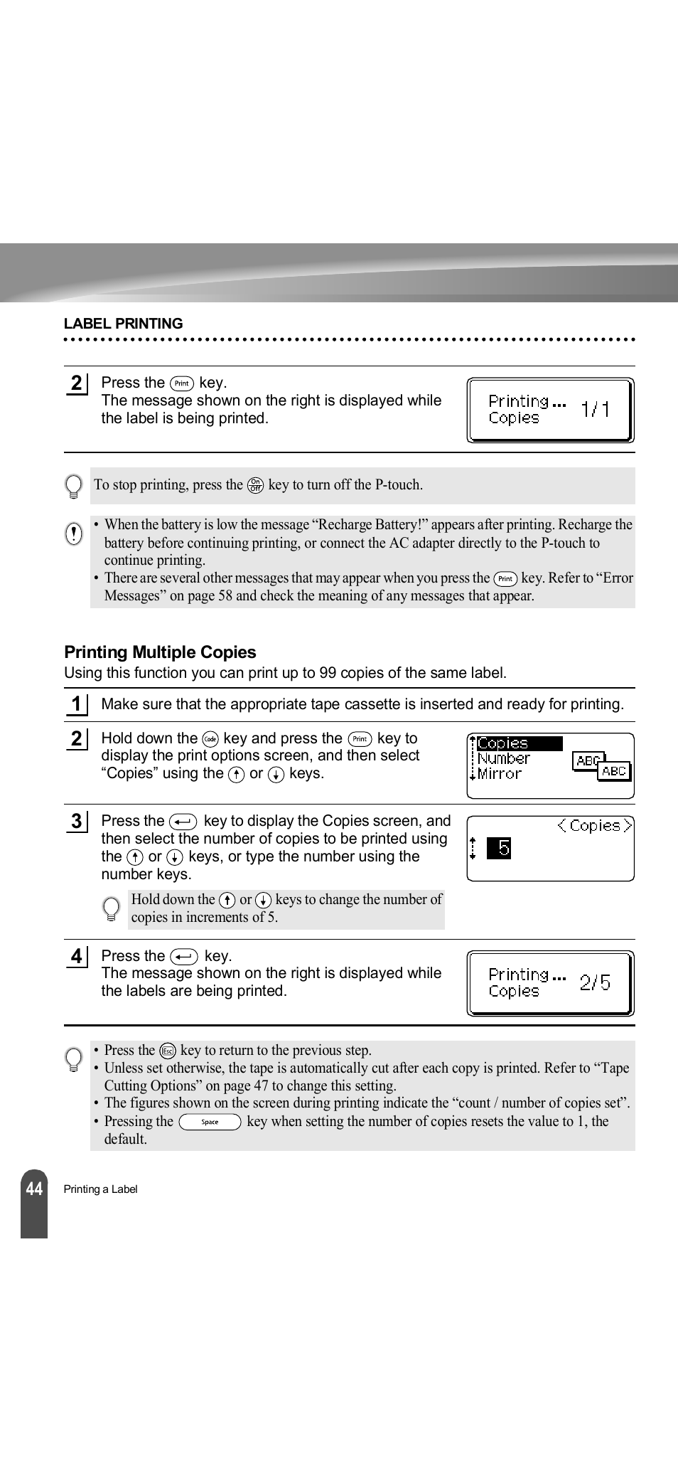 Printing multiple copies, P. 44 | Brother PT-18R User Manual | Page 50 / 71