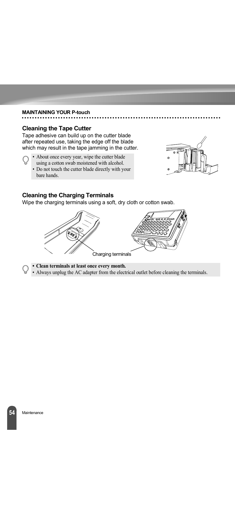 Cleaning the tape cutter, Cleaning the charging terminals | Brother PT-18R User Manual | Page 60 / 71