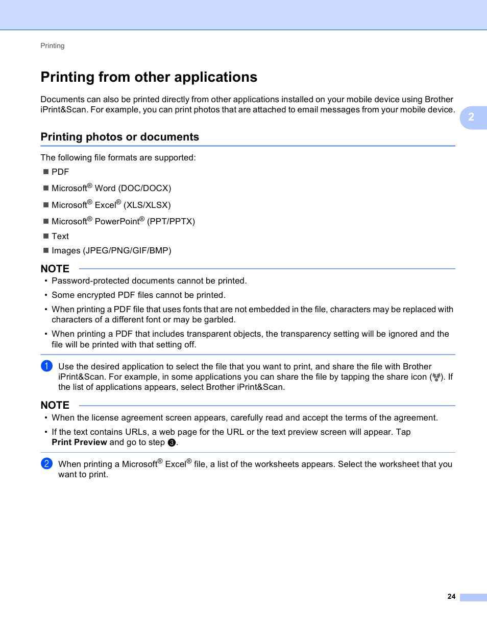 Printing from other applications, Printing photos or documents | Brother Mobile Print/Scan for Brother iPrint&Scan User Manual | Page 28 / 115