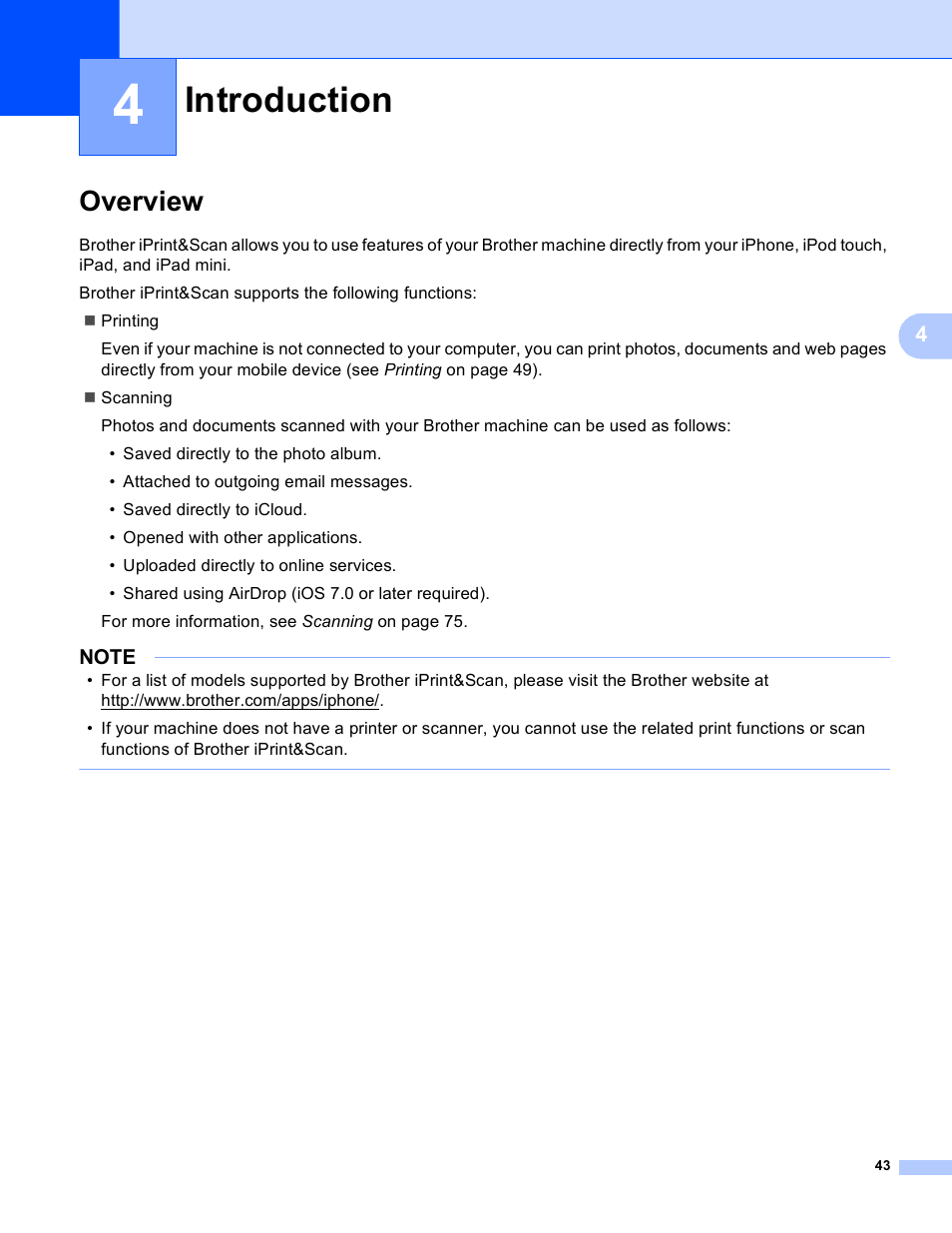 4 introduction, Overview, Introduction | Brother Mobile Print/Scan for Brother iPrint&Scan User Manual | Page 47 / 115