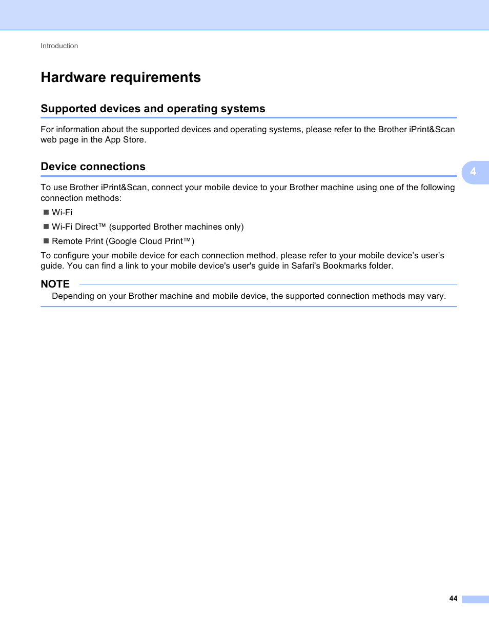 Hardware requirements, Supported devices and operating systems, Device connections | Brother Mobile Print/Scan for Brother iPrint&Scan User Manual | Page 48 / 115