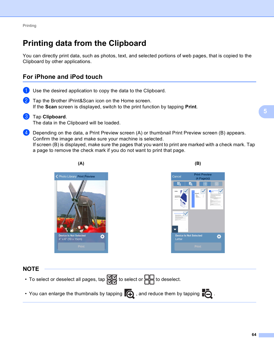Printing data from the clipboard, For iphone and ipod touch | Brother Mobile Print/Scan for Brother iPrint&Scan User Manual | Page 68 / 115