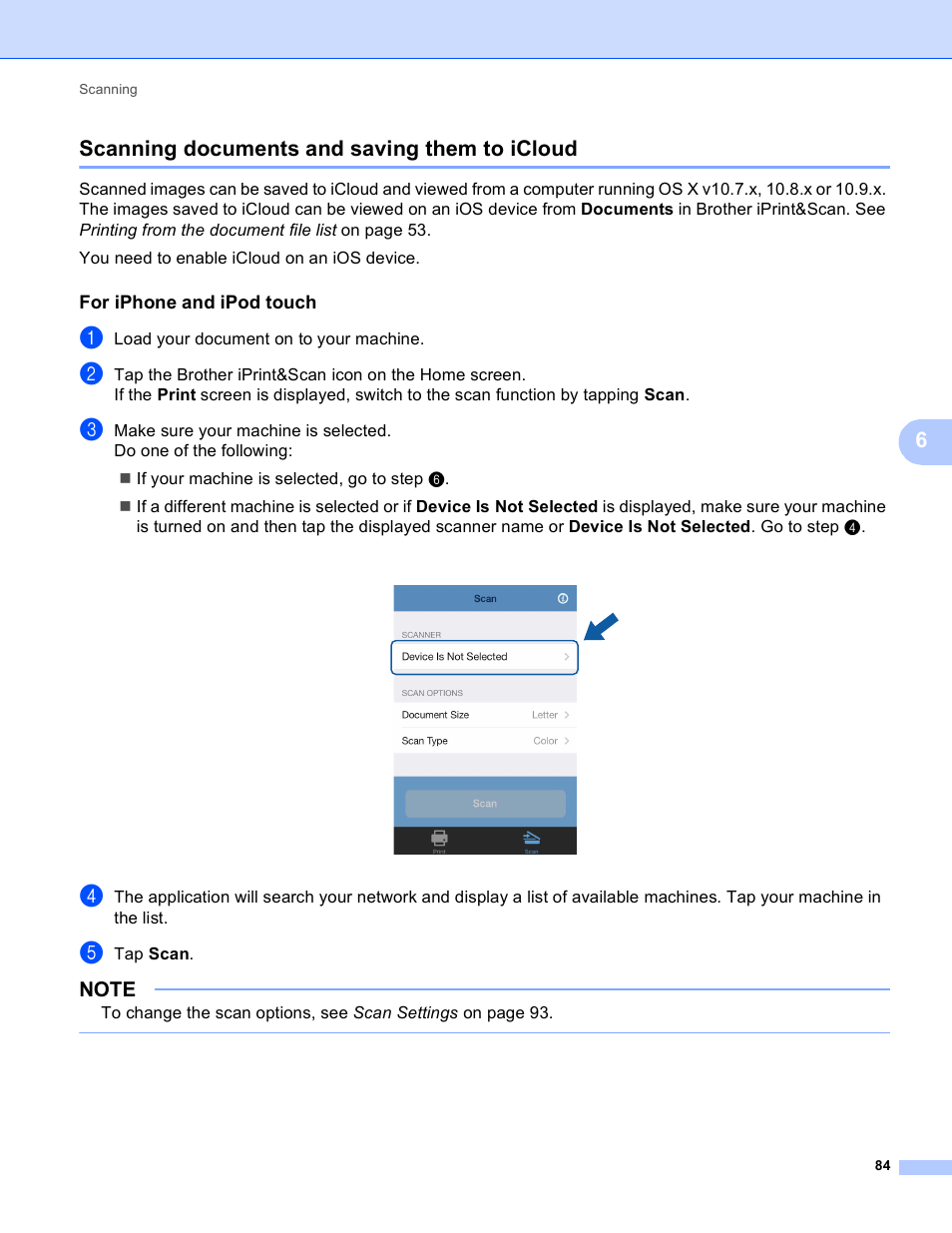 Scanning documents and saving them to icloud, For iphone and ipod touch, 6scanning documents and saving them to icloud | Brother Mobile Print/Scan for Brother iPrint&Scan User Manual | Page 88 / 115