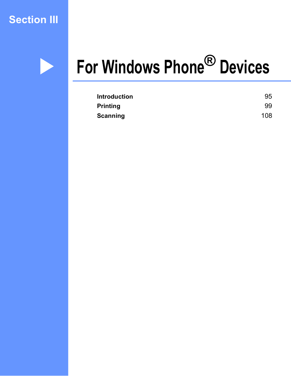 For windows phone® devices, Section iii for windows phone, Devices | For windows phone | Brother Mobile Print/Scan for Brother iPrint&Scan User Manual | Page 98 / 115