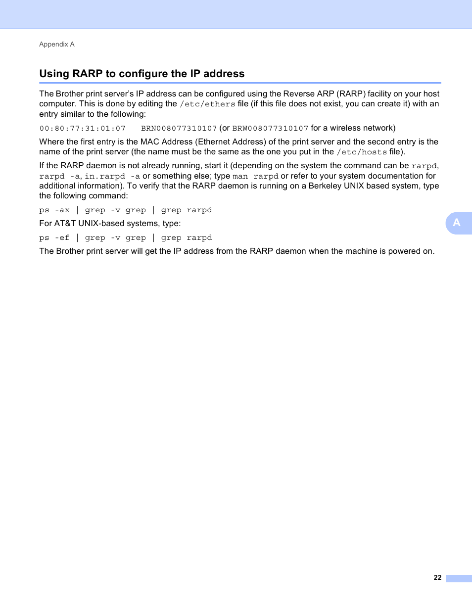 Using rarp to configure the ip address, Ausing rarp to configure the ip address | Brother HL-2280DW User Manual | Page 26 / 31