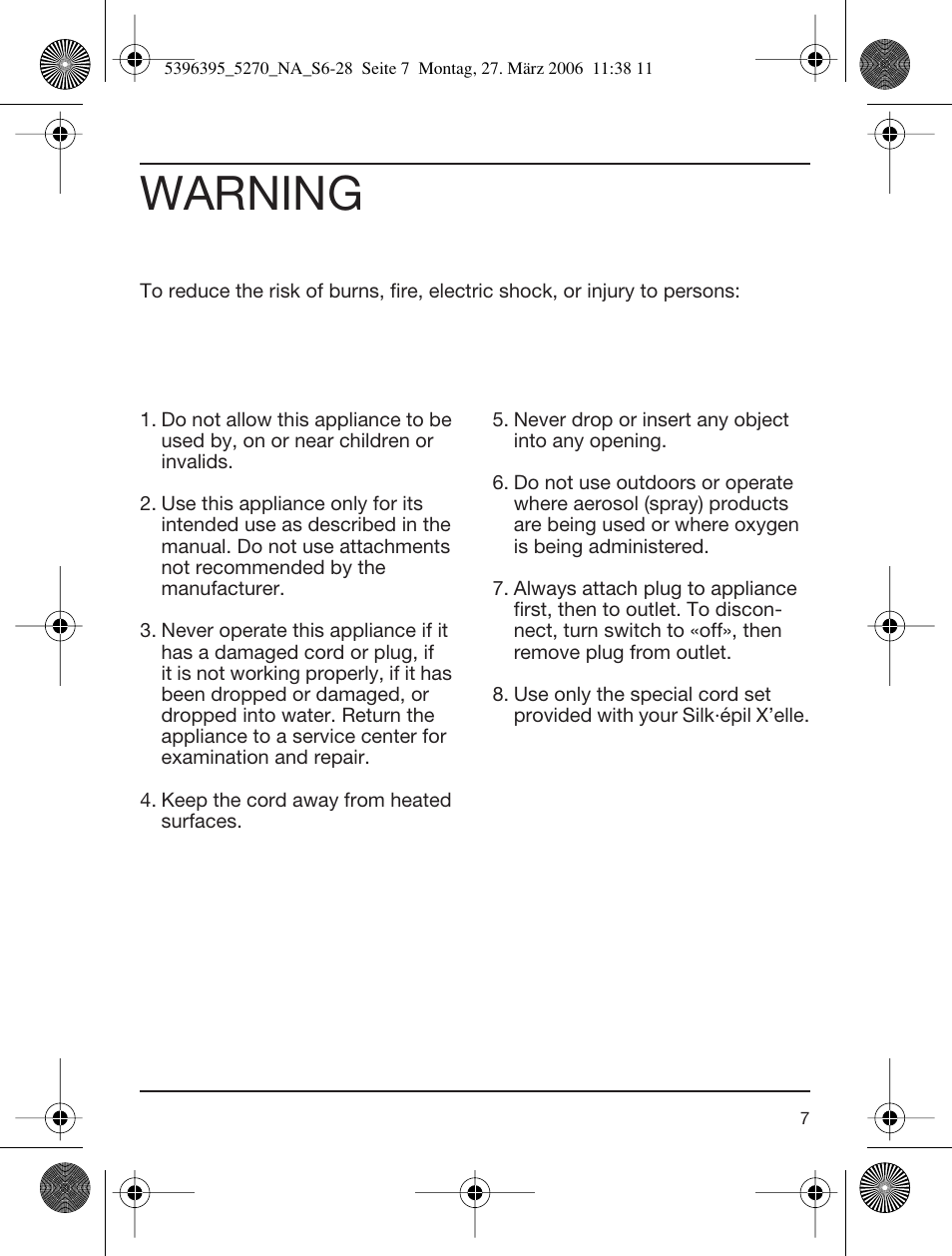 Warning | Braun 5270-5396 Silk-épil Xelle User Manual | Page 7 / 27