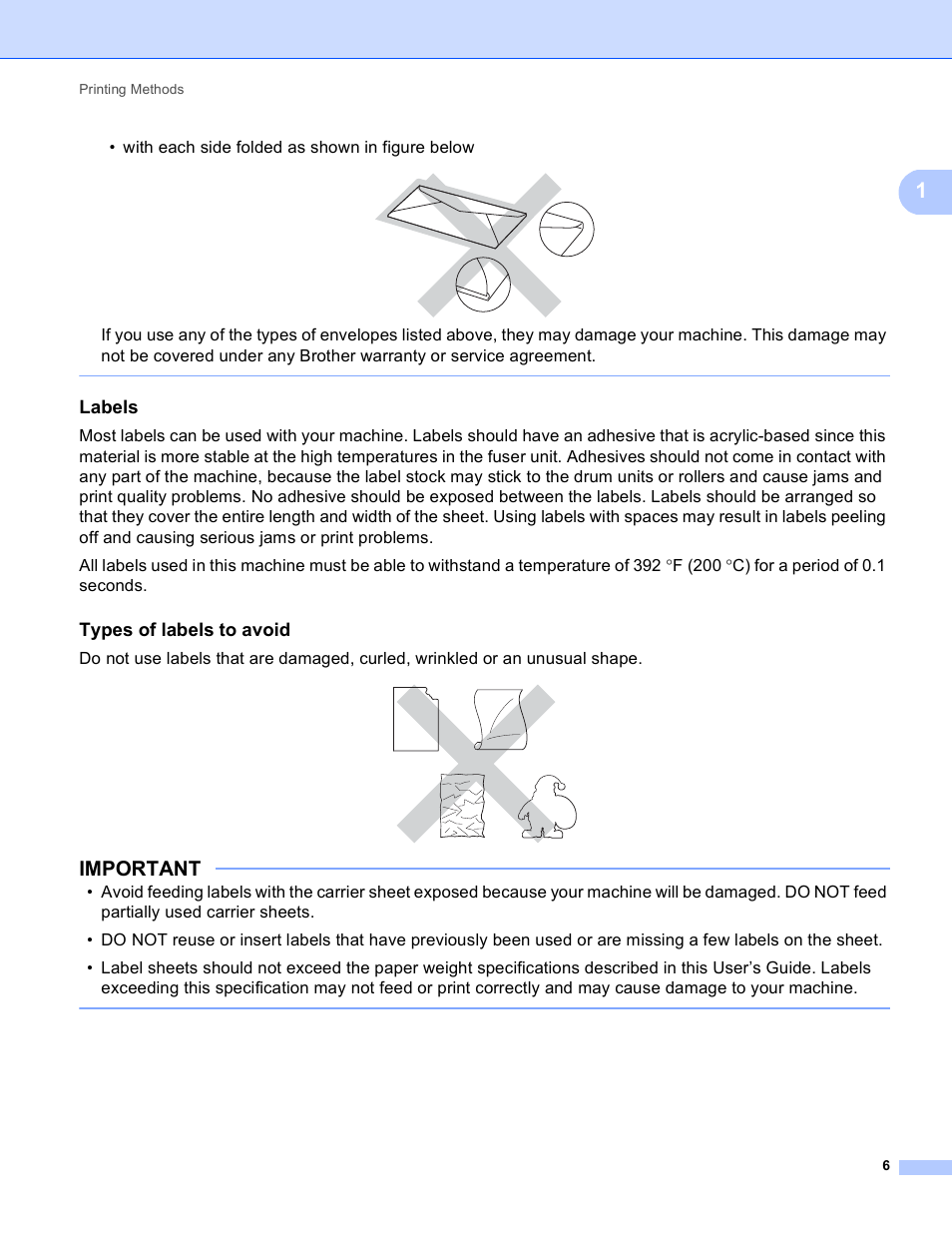 Labels, Types of labels to avoid, Important | With each side folded as shown in figure below | Brother HL-3170CDW User Manual | Page 12 / 206