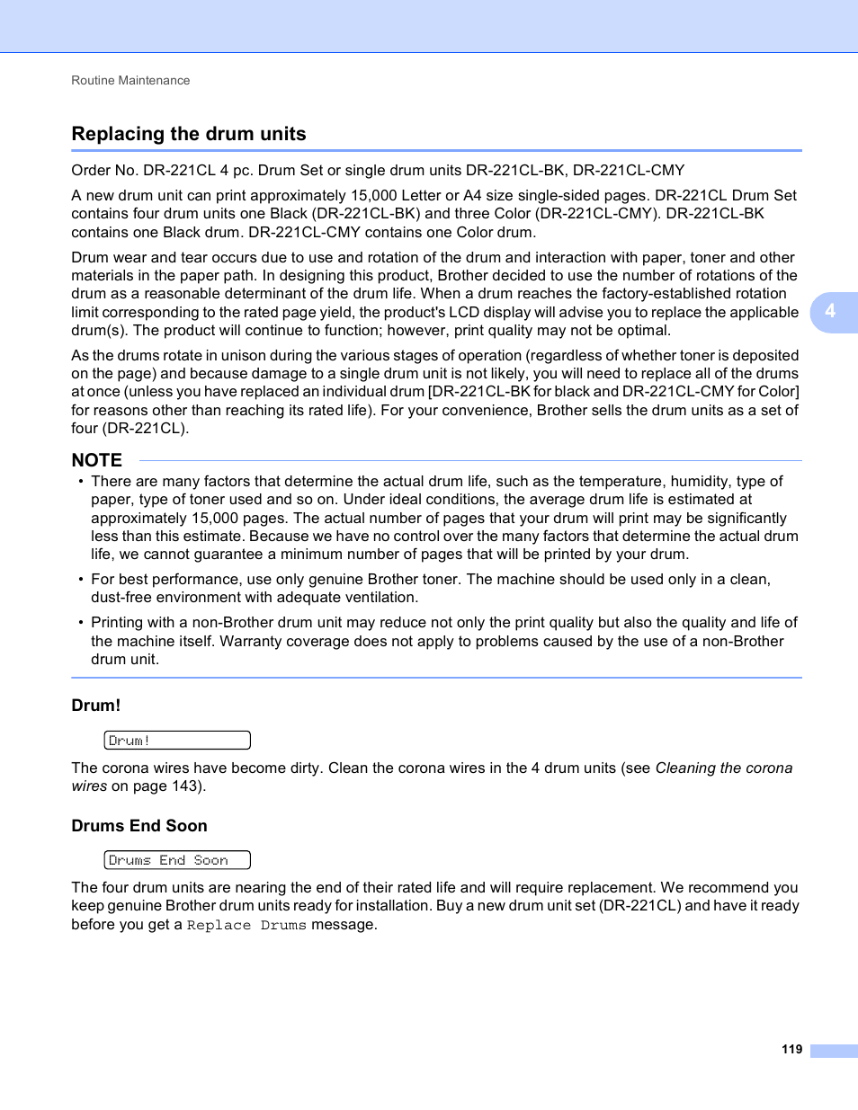 Replacing the drum units, Drum, Drums end soon | E 119, 4replacing the drum units | Brother HL-3170CDW User Manual | Page 125 / 206