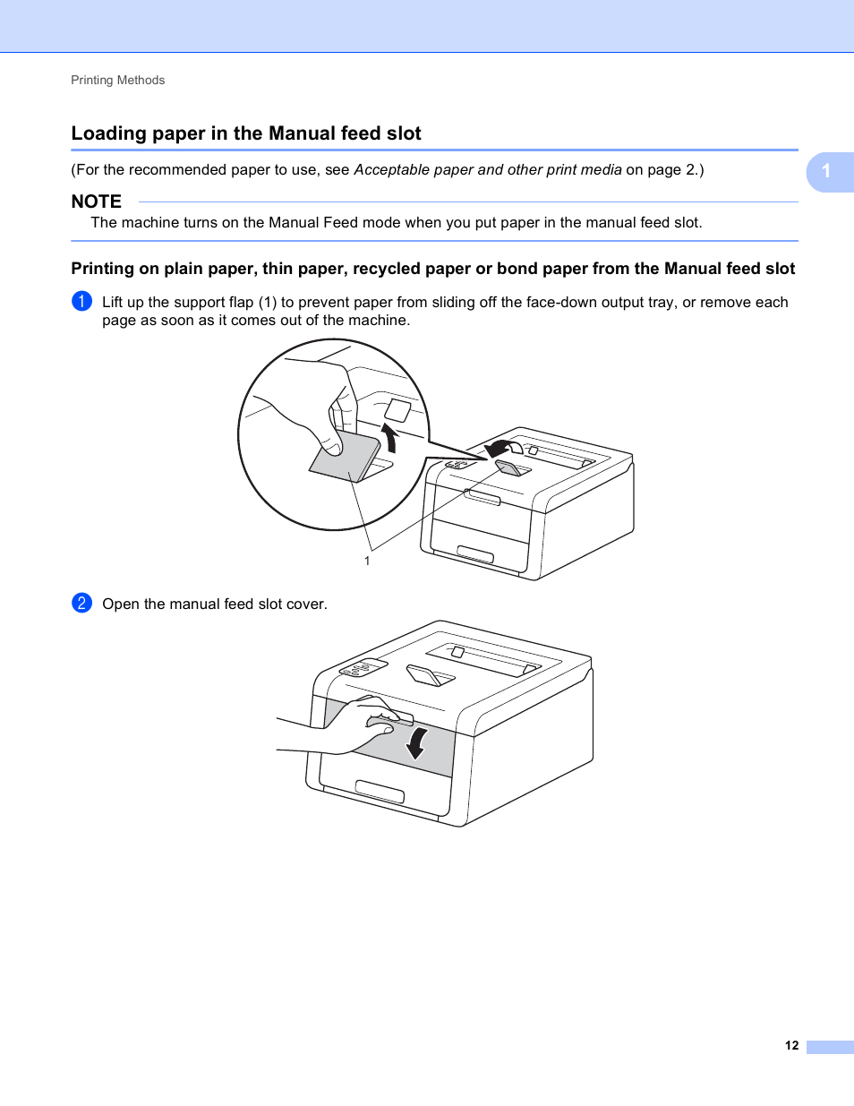 Loading paper in the manual feed slot, 1loading paper in the manual feed slot | Brother HL-3170CDW User Manual | Page 18 / 206