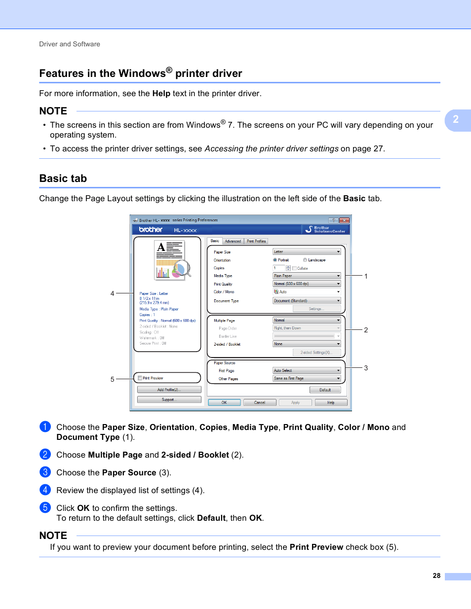 Features in the windows® printer driver, Basic tab, Features in the windows | Printer driver, 2features in the windows | Brother HL-3170CDW User Manual | Page 34 / 206