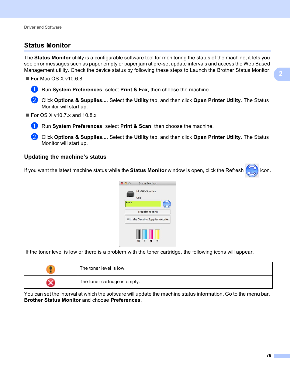 Status monitor, Updating the machine’s status, 2status monitor | Brother HL-3170CDW User Manual | Page 84 / 206