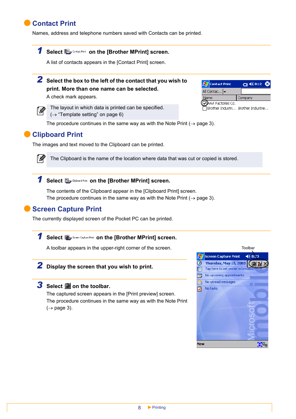 Contact print, Clipboard print, Screen capture print | Brother Pocket Jet6Plus PJ-623 User Manual | Page 8 / 11