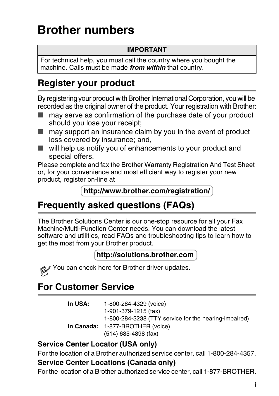 Brother numbers, Register your product, Frequently asked questions (faqs) | For customer service | Brother DCP-120C User Manual | Page 3 / 113
