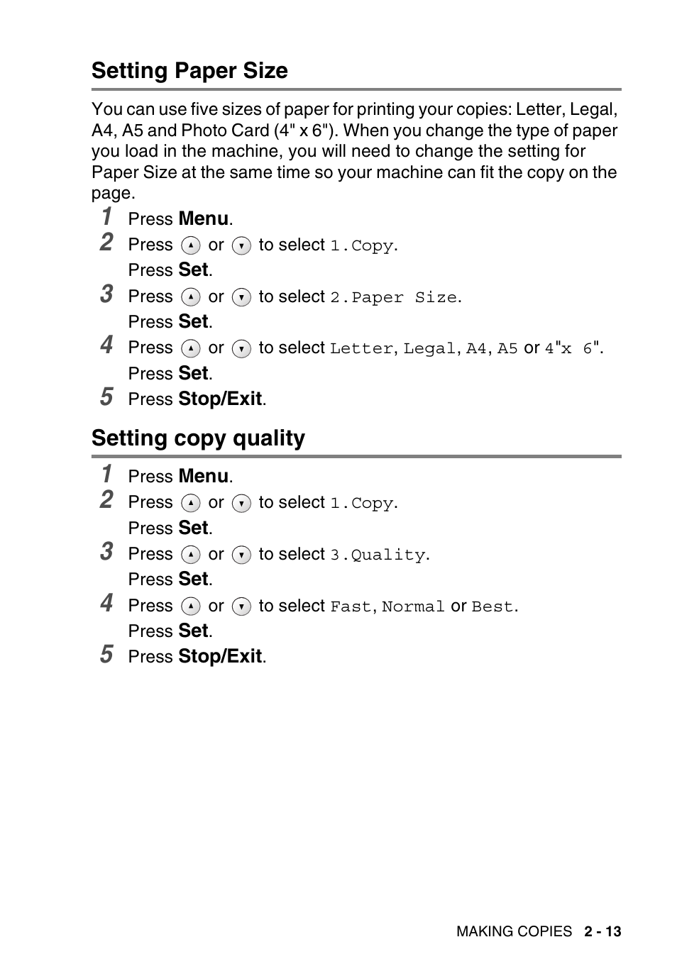 Setting paper size, Setting copy quality, Setting paper size -13 setting copy quality -13 | Brother DCP-120C User Manual | Page 47 / 113
