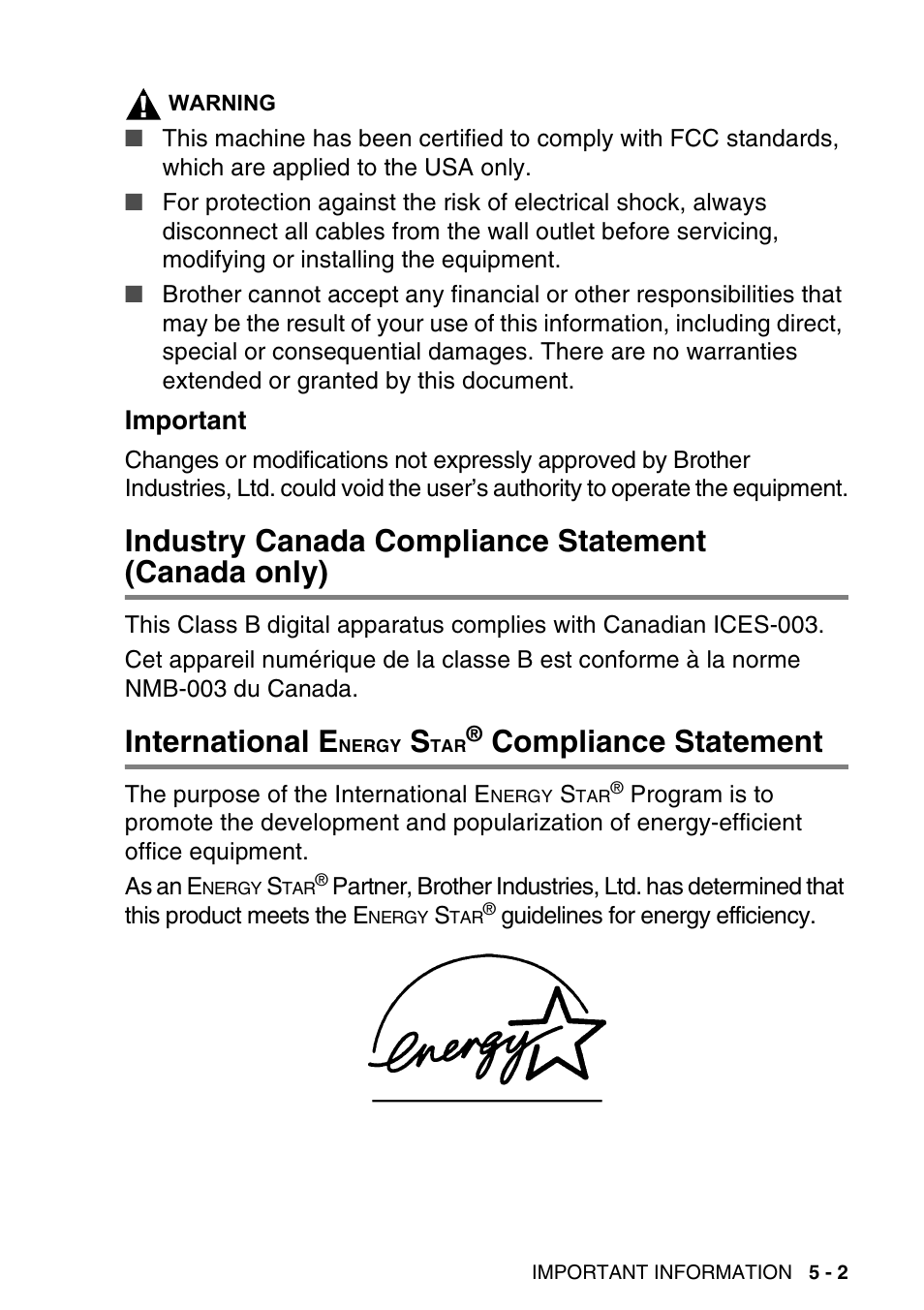 Important, Industry canada compliance statement (canada only), International energy star® compliance statement | Important -2, Industry canada compliance statement, Canada only) -2, International e, Nergy, Compliance statement -2, Compliance statement | Brother DCP-120C User Manual | Page 69 / 113