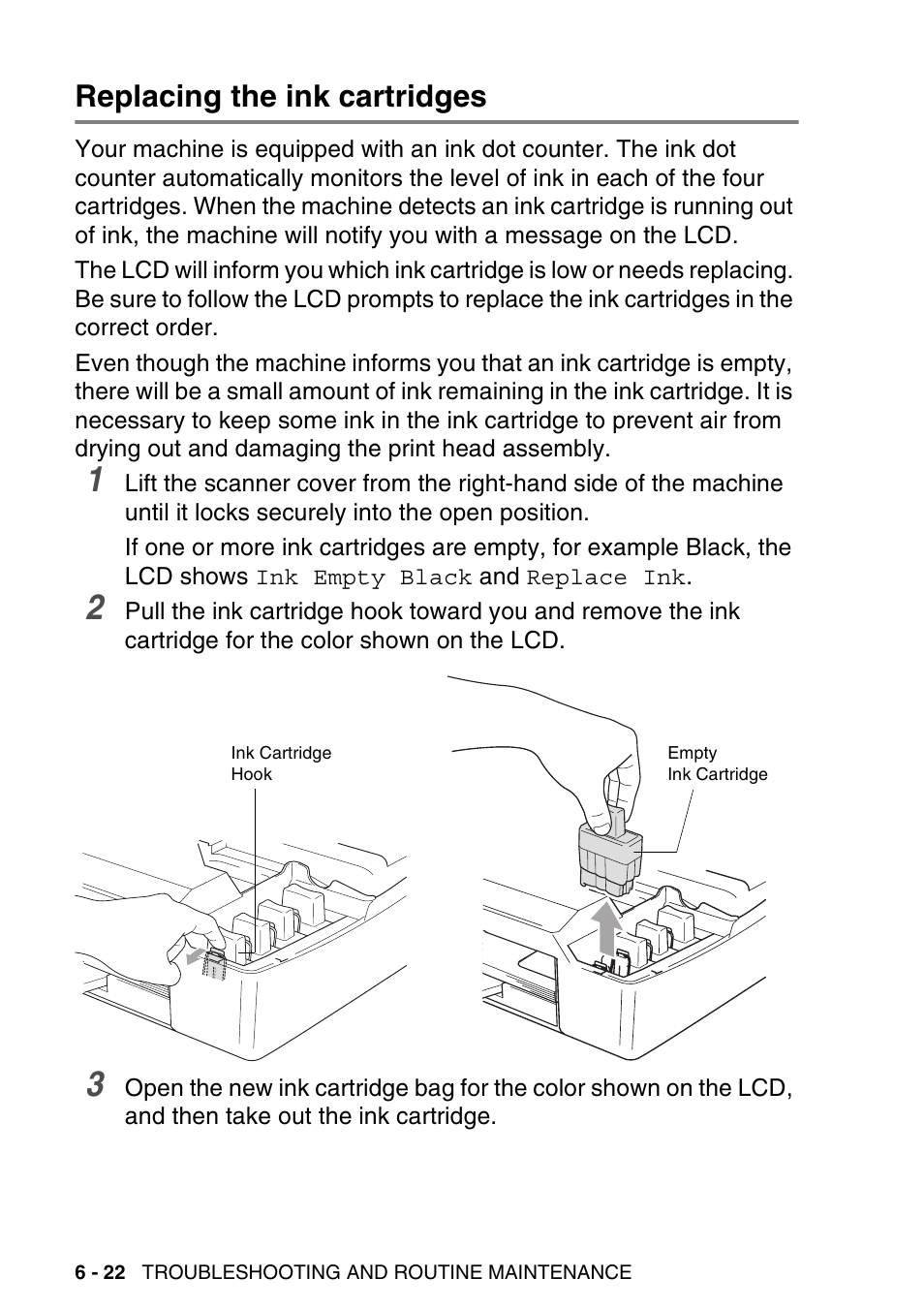 Replacing the ink cartridges, Replacing the ink cartridges -22 | Brother DCP-120C User Manual | Page 94 / 113