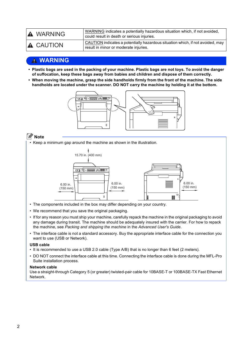 Warning caution, Warning | Brother MFC-8510DN User Manual | Page 2 / 26