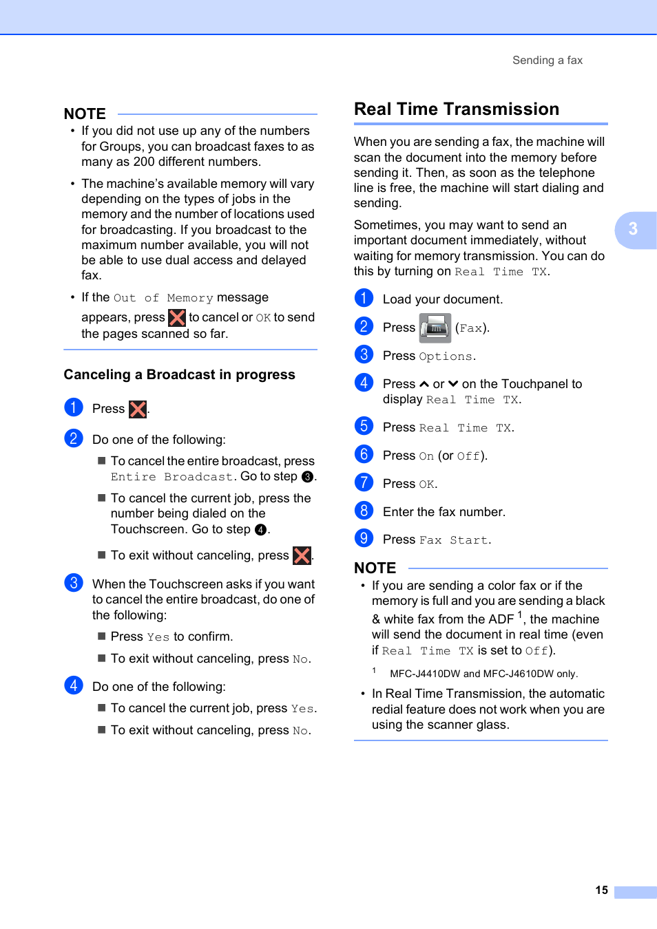 Canceling a broadcast in progress, Real time transmission | Brother MFC-J4410DW User Manual | Page 21 / 88