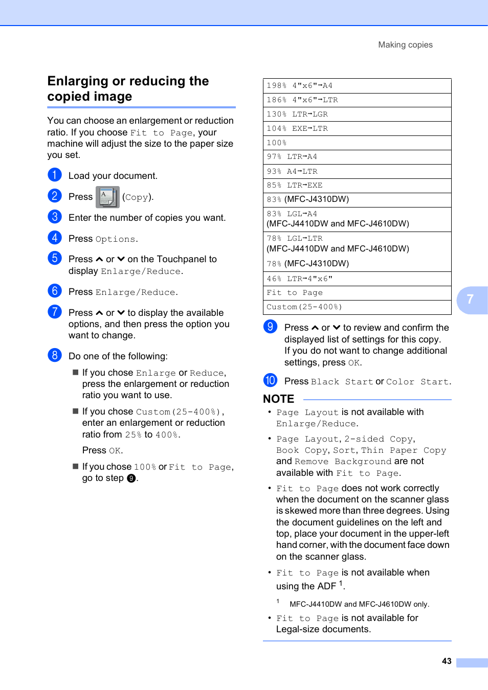 Enlarging or reducing the copied image, 7enlarging or reducing the copied image | Brother MFC-J4410DW User Manual | Page 49 / 88