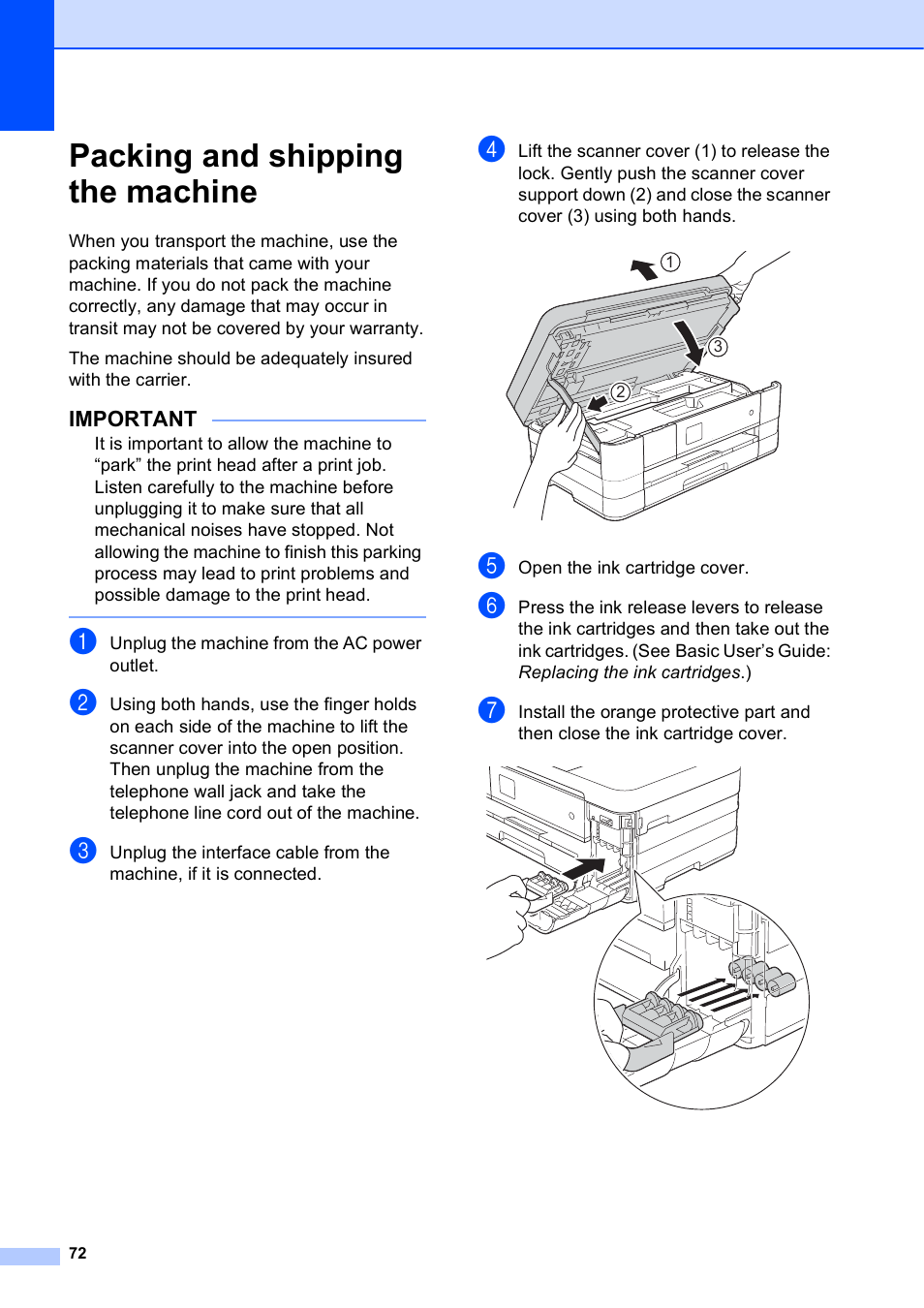Packing and shipping the machine | Brother MFC-J4410DW User Manual | Page 78 / 88