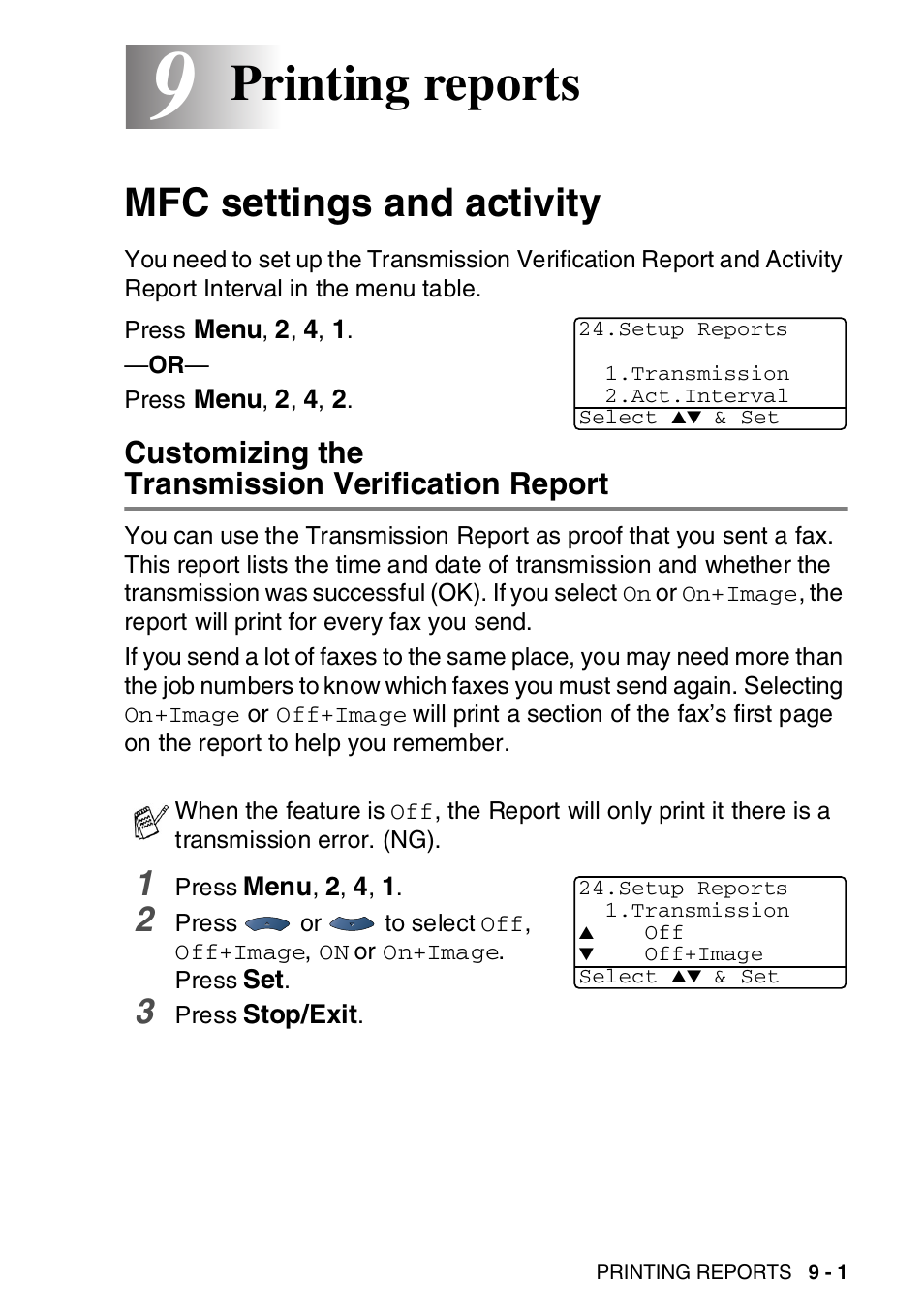 9 printing reports, Mfc settings and activity, Customizing the transmission verification report | Printing reports -1, Mfc settings and activity -1, Printing reports | Brother MFC-8820DN User Manual | Page 139 / 421