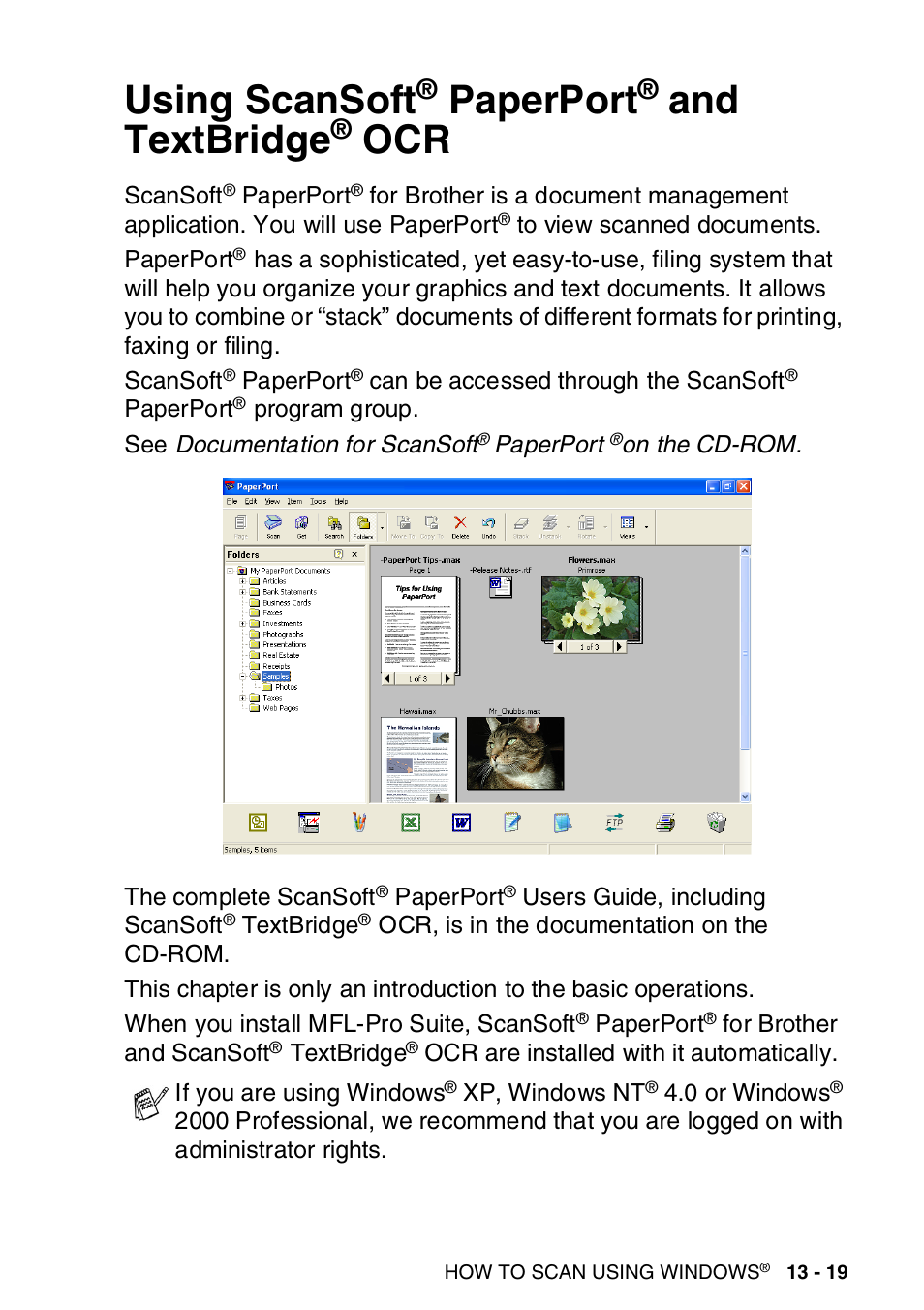 Using scansoft® paperport® and textbridge® ocr, Using scansoft, Paperport | And textbridge, Ocr -19, Ocr on, Age 13-19 | Brother MFC-8820DN User Manual | Page 215 / 421