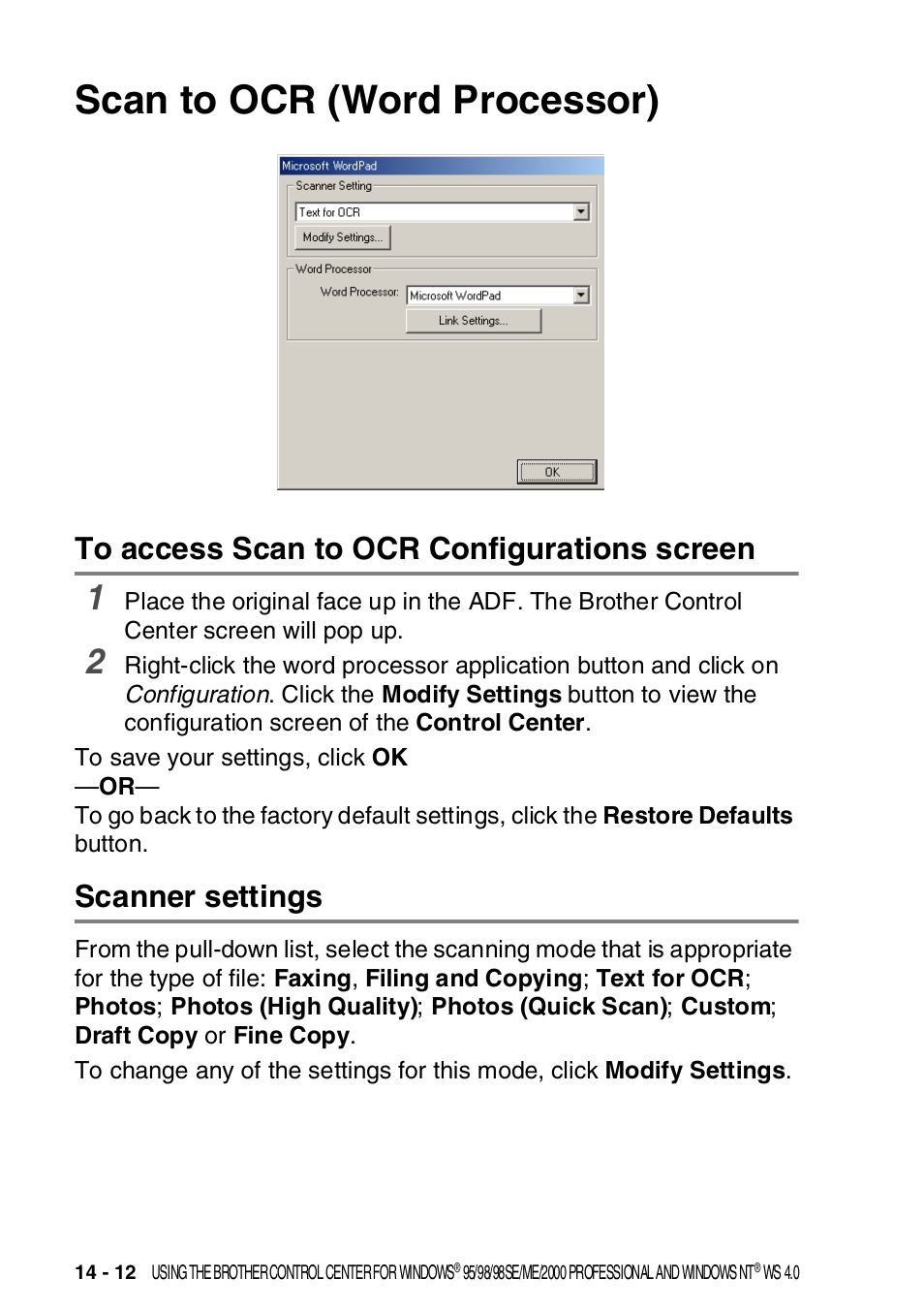 Scan to ocr (word processor), To access scan to ocr configurations screen, Scanner settings | Scan to ocr (word processor) -12, See scan to ocr (word | Brother MFC-8820DN User Manual | Page 232 / 421
